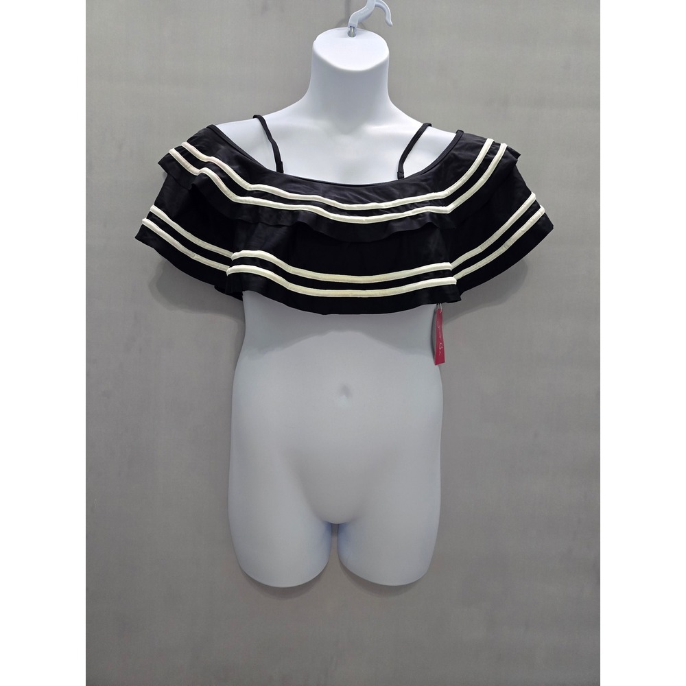 Jess Lea Black Soaking Up Sun Ruffle Swimsuit Stripe Top Large